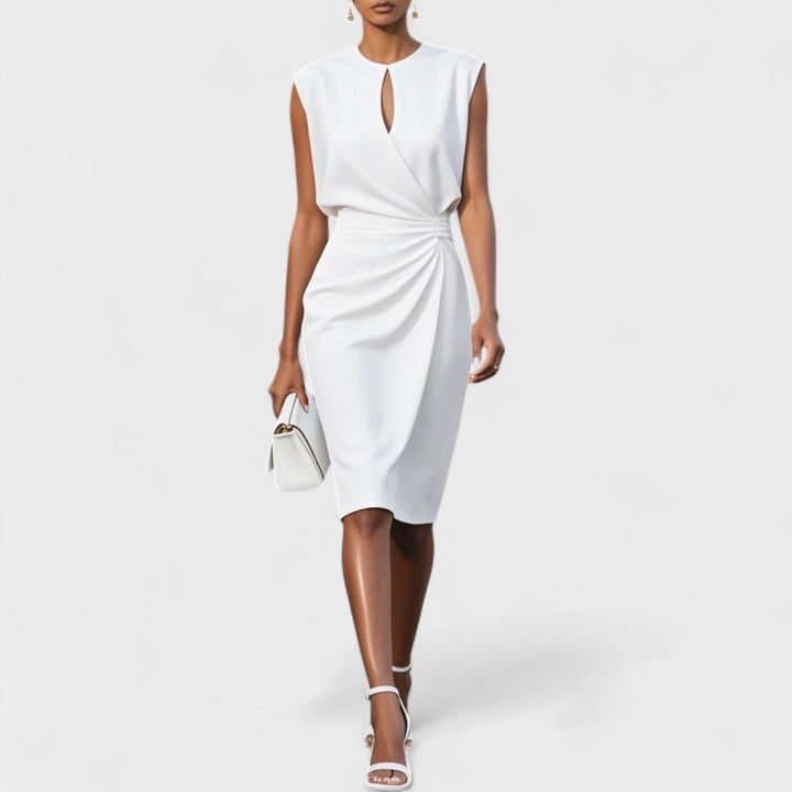 Sophisticated women's cocktail midi dress; a fitted formal party dress with stylish keyhole detail.