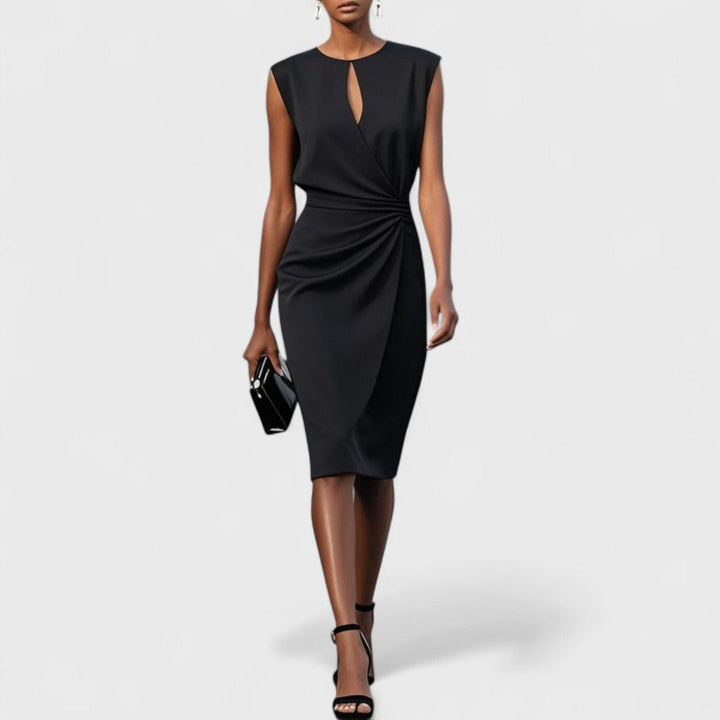 Chic women's midi dress for special occasions, featuring an elegant keyhole neckline and ruched waist.