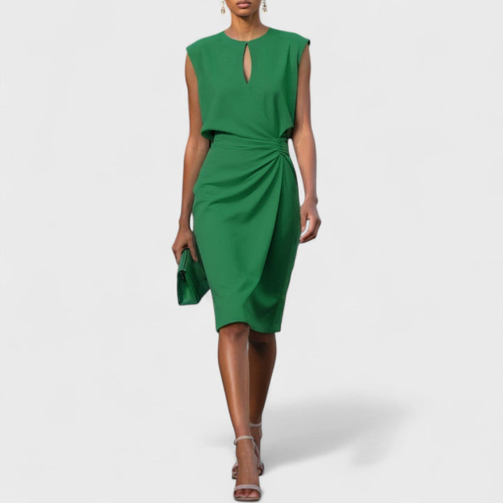 Formal women's midi dress; an elegant fitted wedding guest or cocktail dress with a unique keyhole.