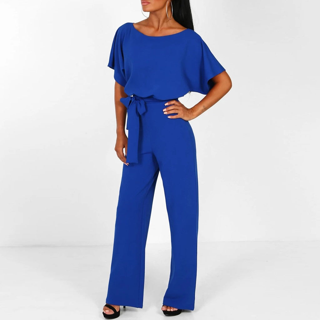 Stylish belted wide leg jumpsuit for women, featuring a boat neck and short sleeves. Versatile fashion.