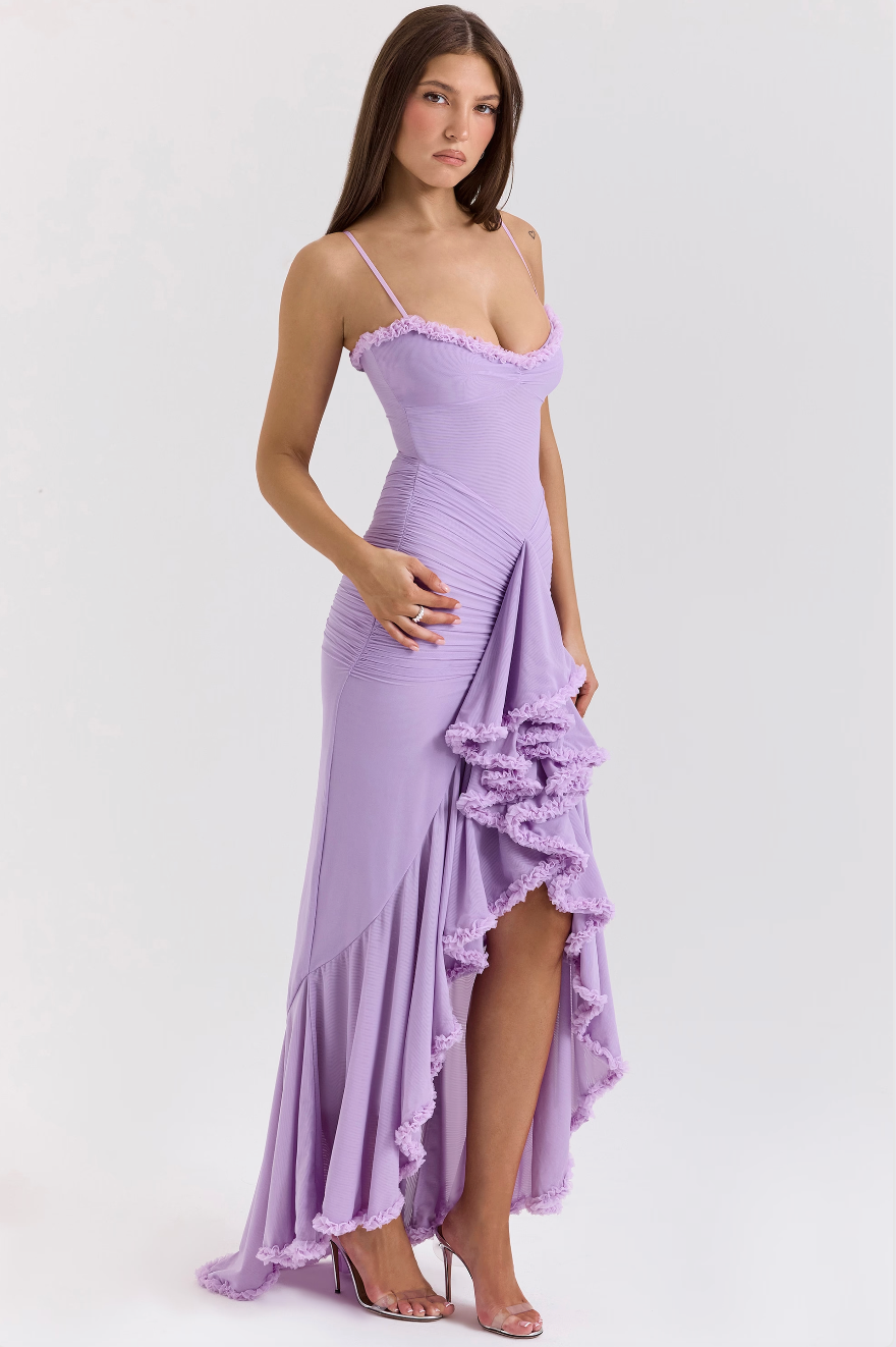 Lilac ruched women's midi dress, elegant for party, cocktail, or special occasions.