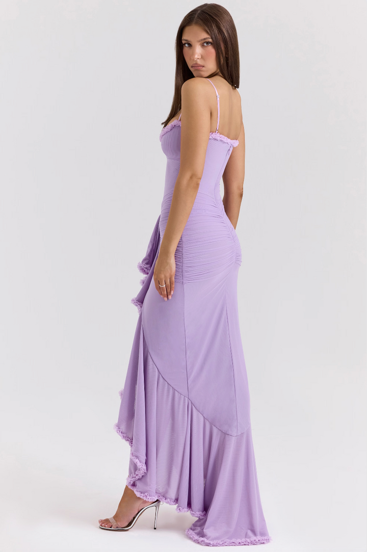 Burgundy ruched ruffle midi dress for women, elegant & versatile for special events.