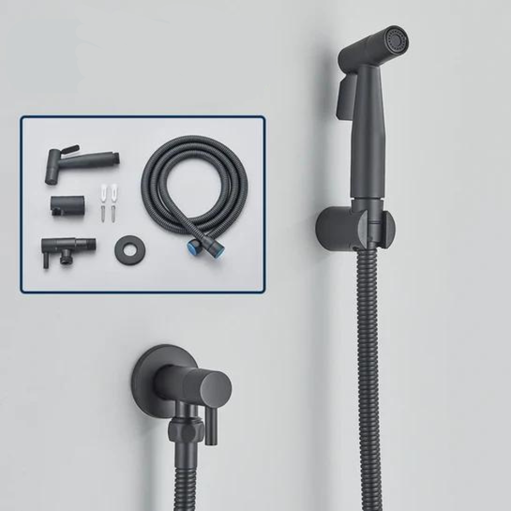 Elegante Bidet-Handbrause aus Edelstahl mit flexiblem Schlauch, ideal für Komfort und Hygiene im Badezimmer, Grau-Schwarz.