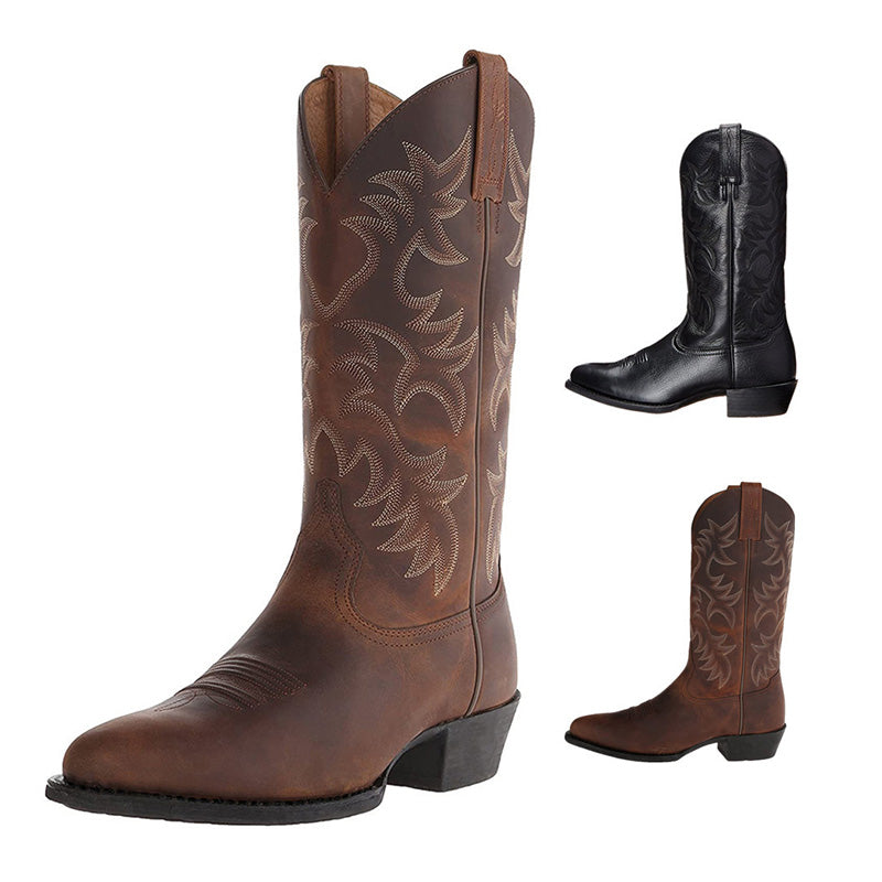 Elegante Cowboy-Stiefel aus hochwertigem Leder mit spitzen Zehenkappen, markanten Nähten; ideal für verschiedene Anlässe.