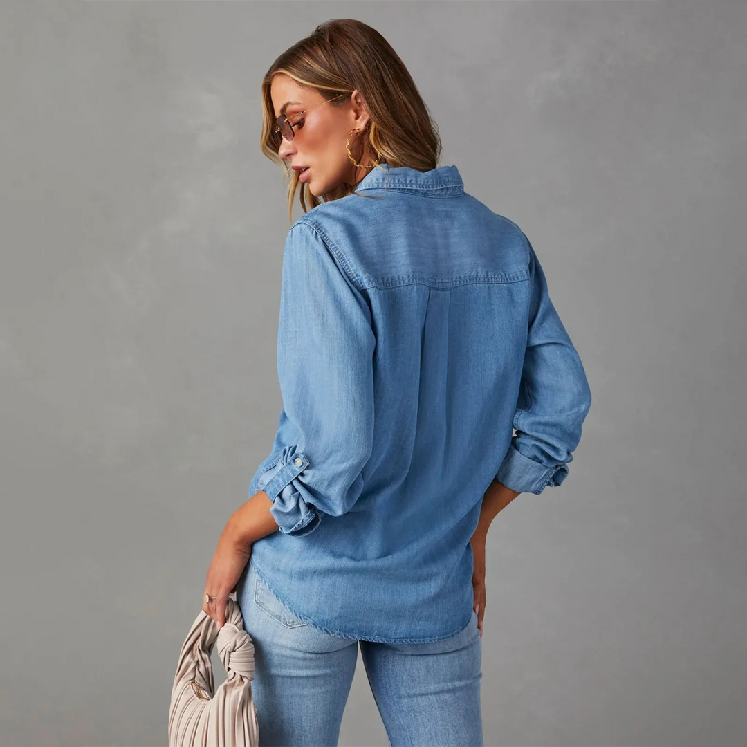 "Elegante Damen Jeansbluse aus 100% Baumwolle mit Perlmuttknöpfen, weiches Denim, klassisch-moderner Stil, vielseitig kombini
