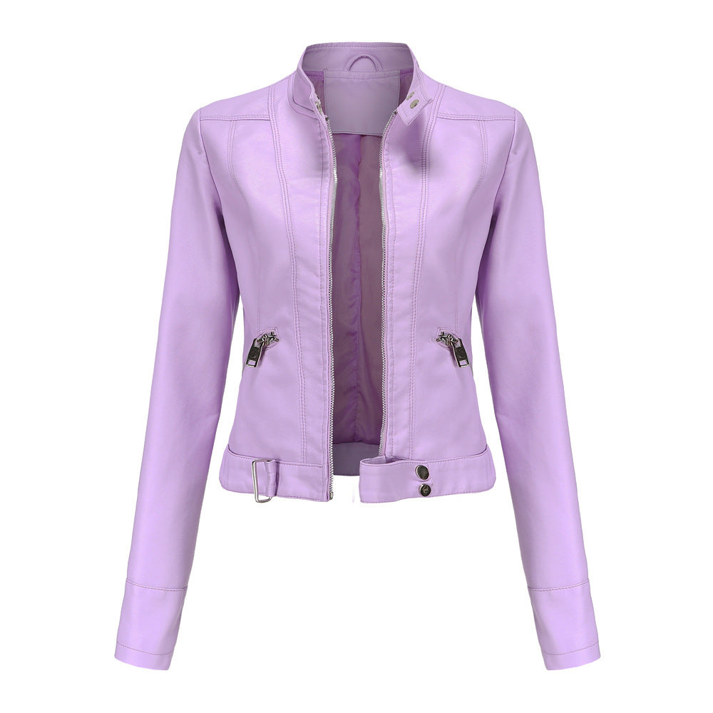 Elegante Damen Lederjacke aus Echtleder, zeitloses Design, in Violett, perfekte Passform für stilvolle Anlässe.