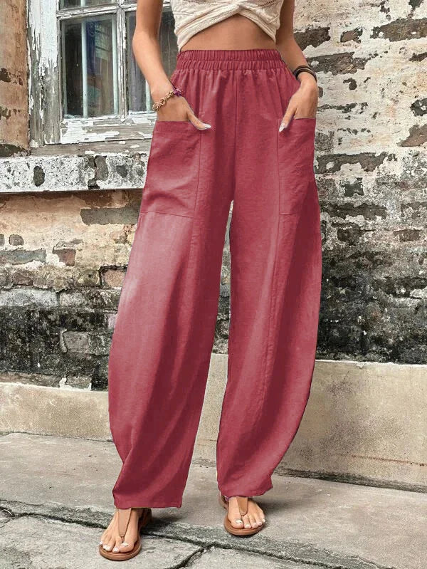 Elegante Damen Leinenhosen, aus hochwertigem Leinenstoff, in lockerer Passform mit elastischem Bund und praktischen Taschen.