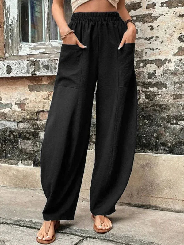 Elegante Damen Leinenhosen, aus hochwertigem Leinenstoff, in lockerer Passform mit elastischem Bund und praktischen Taschen.