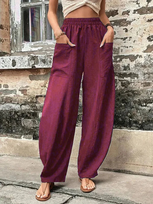 Elegante Damen Leinenhosen, aus hochwertigem Leinenstoff, in lockerer Passform mit elastischem Bund und praktischen Taschen.