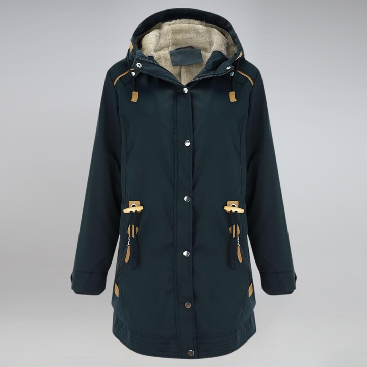 "Elegante Damen Parkajacke in Marineblau, wetterfest und warm, ideal für kalte Tage mit verstellbarer Taillenkordel."
