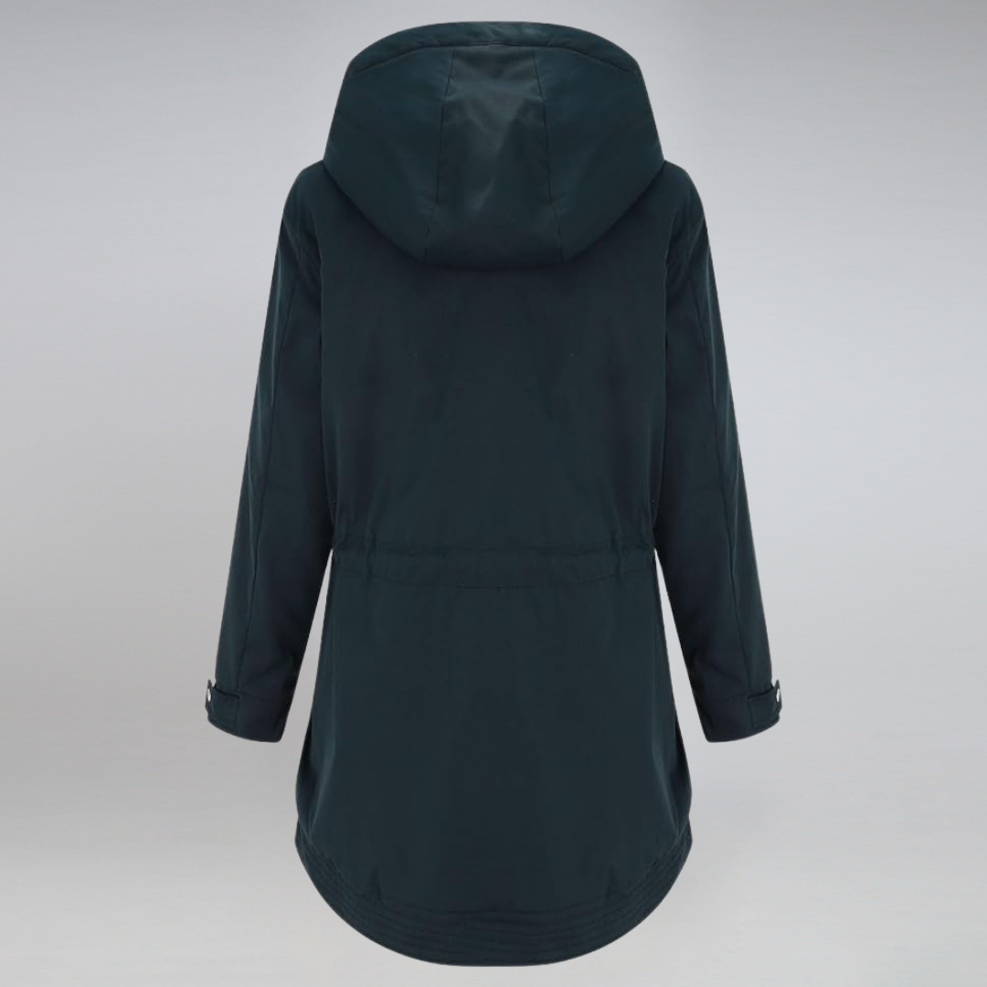 "Elegante Damen Parkajacke in Marineblau, wetterfest und warm, ideal für kalte Tage mit verstellbarer Taillenkordel."