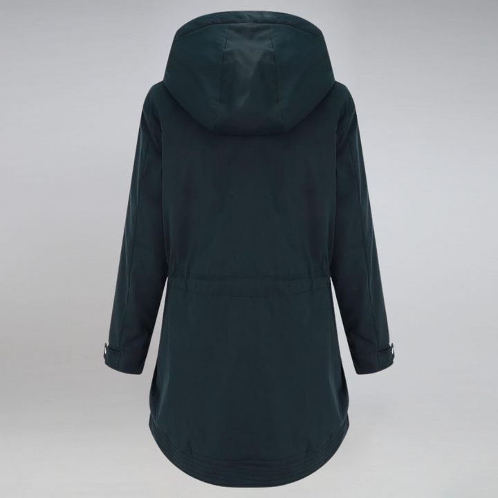 "Elegante Damen Parkajacke in Marineblau, wetterfest und warm, ideal für kalte Tage mit verstellbarer Taillenkordel."