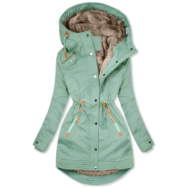 "Elegante Damen Parkajacke in Marineblau, wetterfest und warm, ideal für kalte Tage mit verstellbarer Taillenkordel."