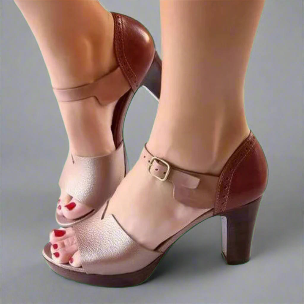 "Elegante Damen Sandaletten mit Blockabsatz und Schnallenverschluss, ideal für Büro und Cocktailparty."