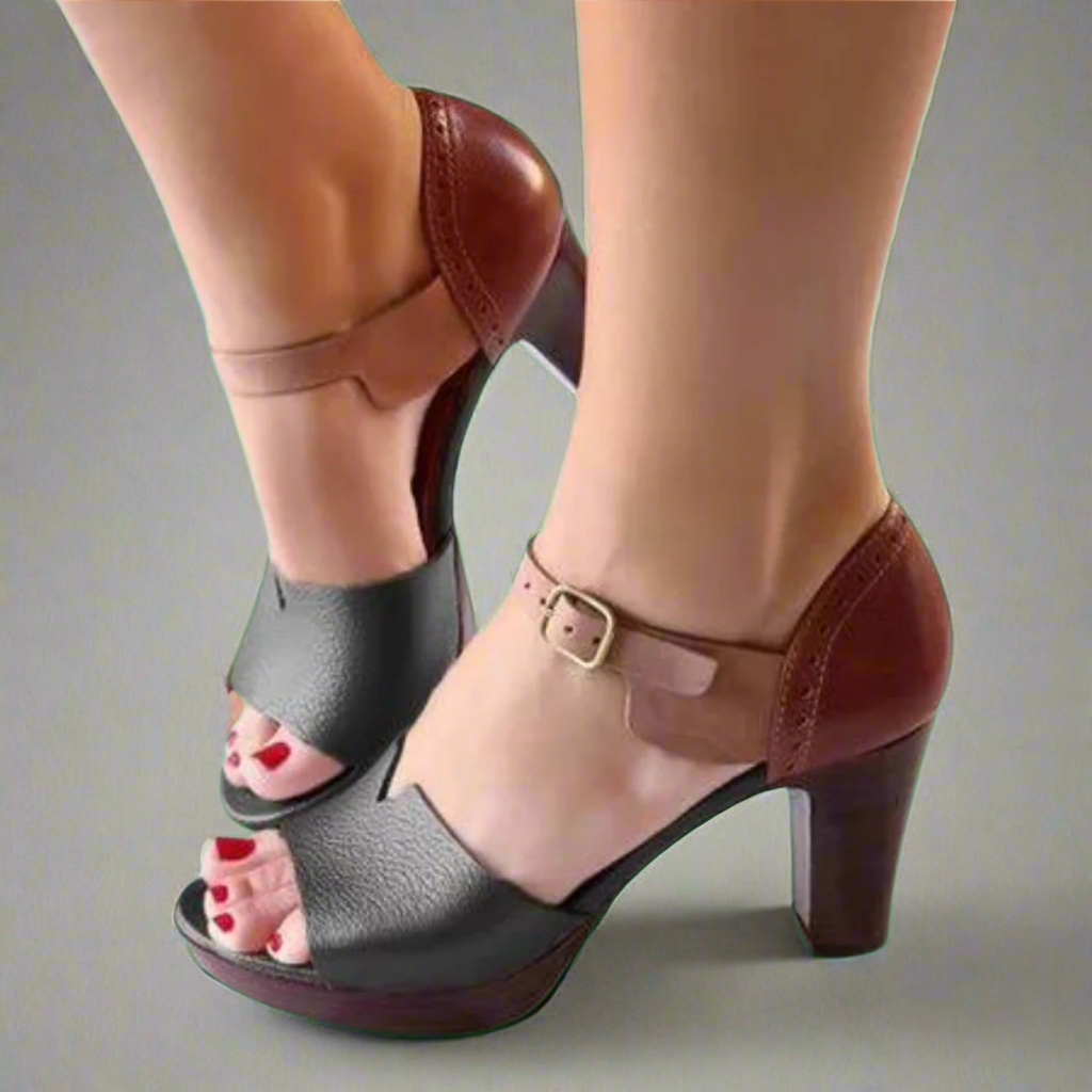 "Elegante Damen Sandaletten mit Blockabsatz und Schnallenverschluss, ideal für Büro und Cocktailparty."