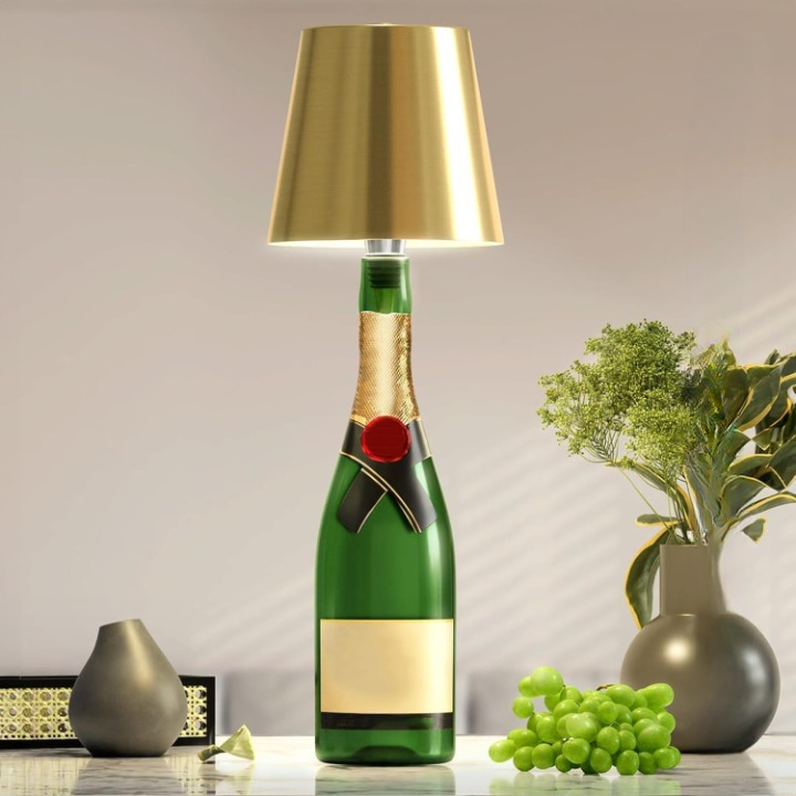 "Elegante, dimmbare LED Flaschenlampe aus Glas, tragbar mit Touch-Steuerung, in Gold-Design für vielseitigen Einsatz."