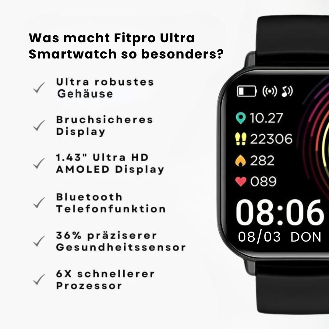"Elegante FitPro Ultra Smartwatch, wasserdicht, vielseitiges Display, Gesundheits- und Fitness-Tracking, modernes Design."