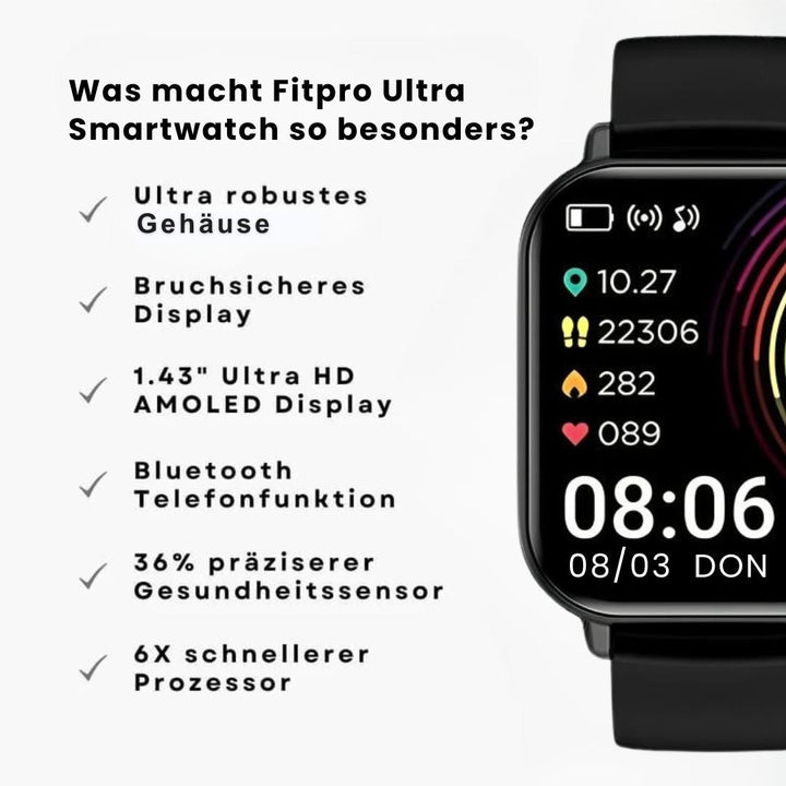 "Elegante FitPro Ultra Smartwatch, wasserdicht, vielseitiges Display, Gesundheits- und Fitness-Tracking, modernes Design."