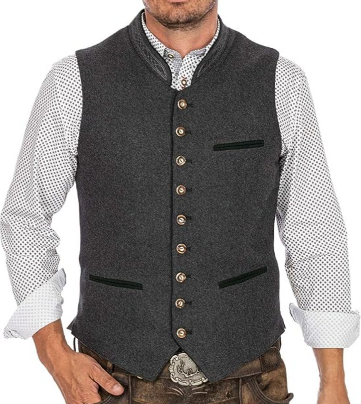 Elegante graue Herren-Trachtenweste, klassisches Design, vielseitig kombinierbar, ideal für festliche Anlässe.
