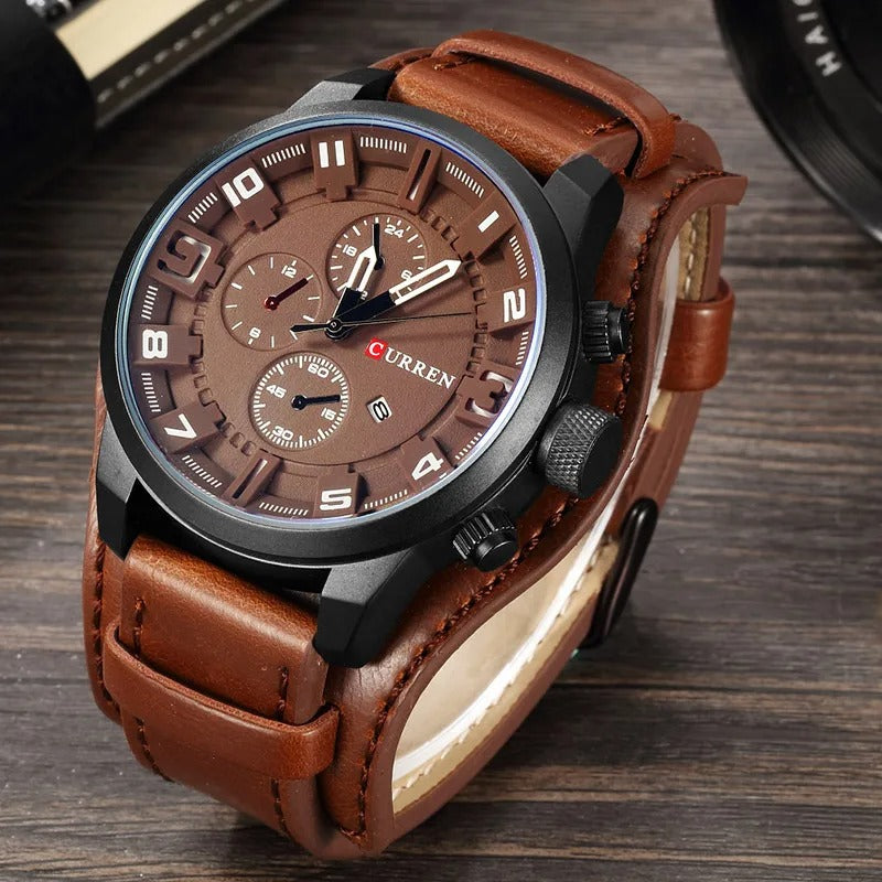 Elegante Herren-Chronograph mit schwarzem Lederarmband, zeitloses Design, ideal für Business-Meetings und Anlässe.