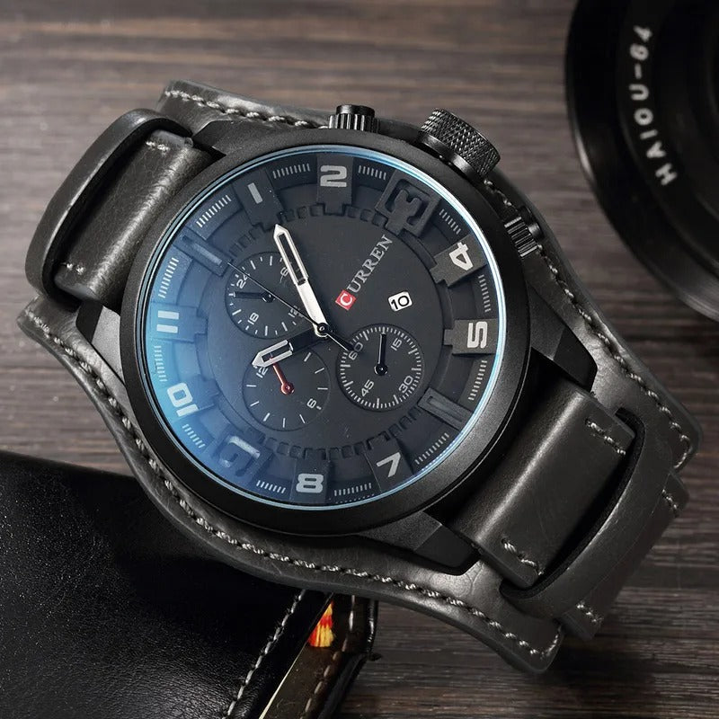 Elegante Herren-Chronograph mit schwarzem Lederarmband, zeitloses Design, ideal für Business-Meetings und Anlässe.