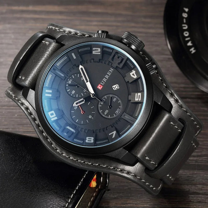 Elegante Herren-Chronograph mit schwarzem Lederarmband, zeitloses Design, ideal für Business-Meetings und Anlässe.