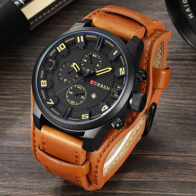 Elegante Herren-Chronograph mit schwarzem Lederarmband, zeitloses Design, ideal für Business-Meetings und Anlässe.