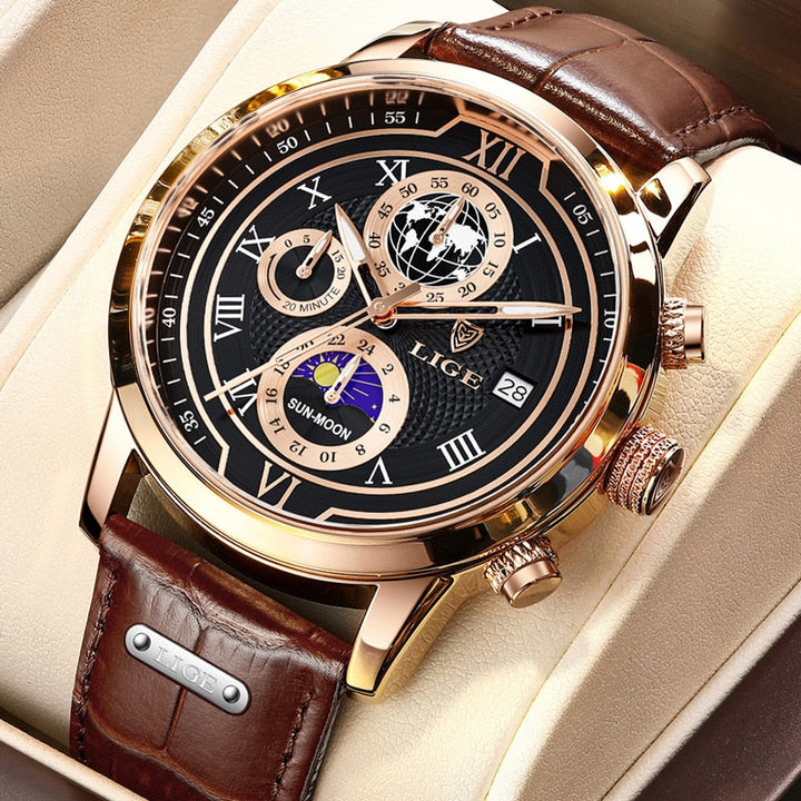 Elegante Herren Chronograph Uhr mit echtem Lederarmband, robustem Gehäuse und stilvollem, zeitlosem Design für jeden Anlass.