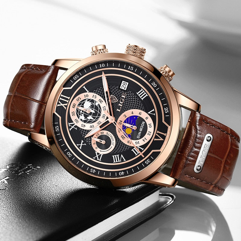 Elegante Herren Chronograph Uhr mit echtem Lederarmband, robustem Gehäuse und stilvollem, zeitlosem Design für jeden Anlass.