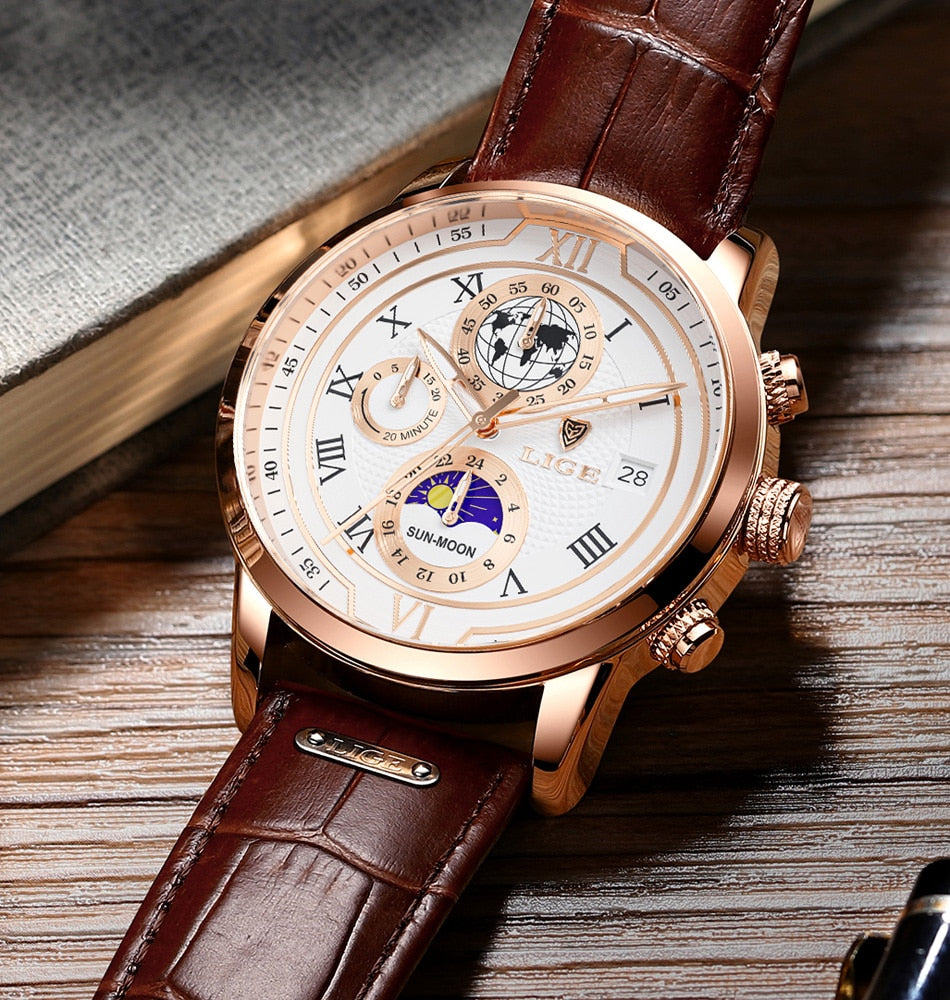 Elegante Herren Chronograph Uhr mit echtem Lederarmband, robustem Gehäuse und stilvollem, zeitlosem Design für jeden Anlass.