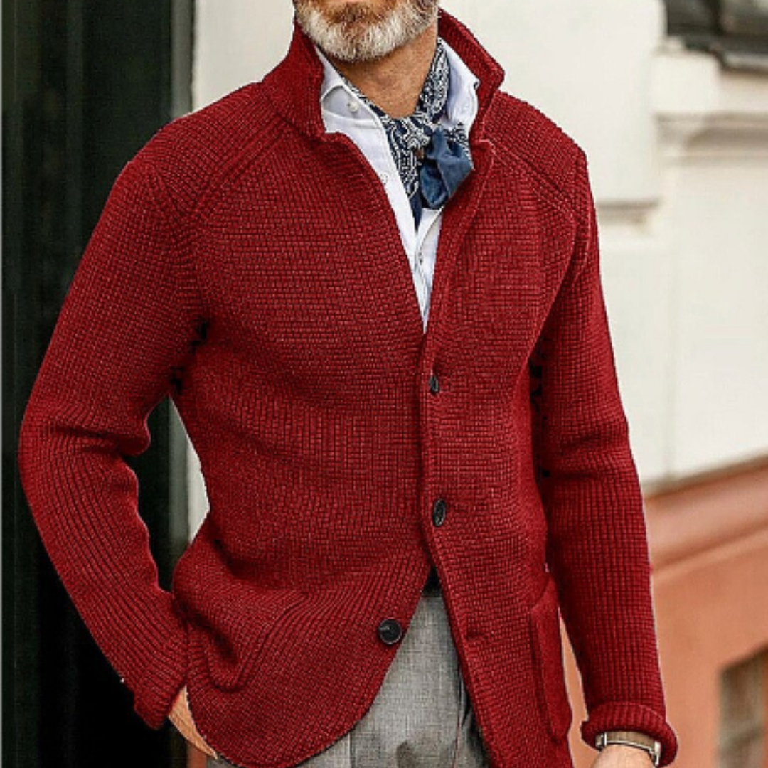Elegante Herren-Strickjacke mit Knopfleiste, warm und vielseitig, ideal für kalte Tage. Perfekt für verschiedene Anlässe.