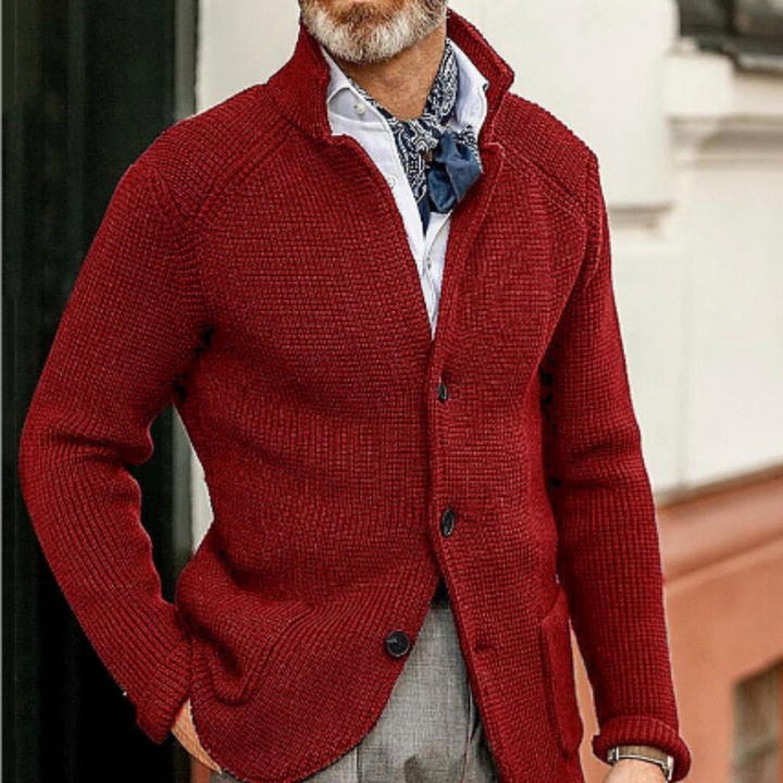 Elegante Herren-Strickjacke mit Knopfleiste, warm und vielseitig, ideal für kalte Tage. Perfekt für verschiedene Anlässe.