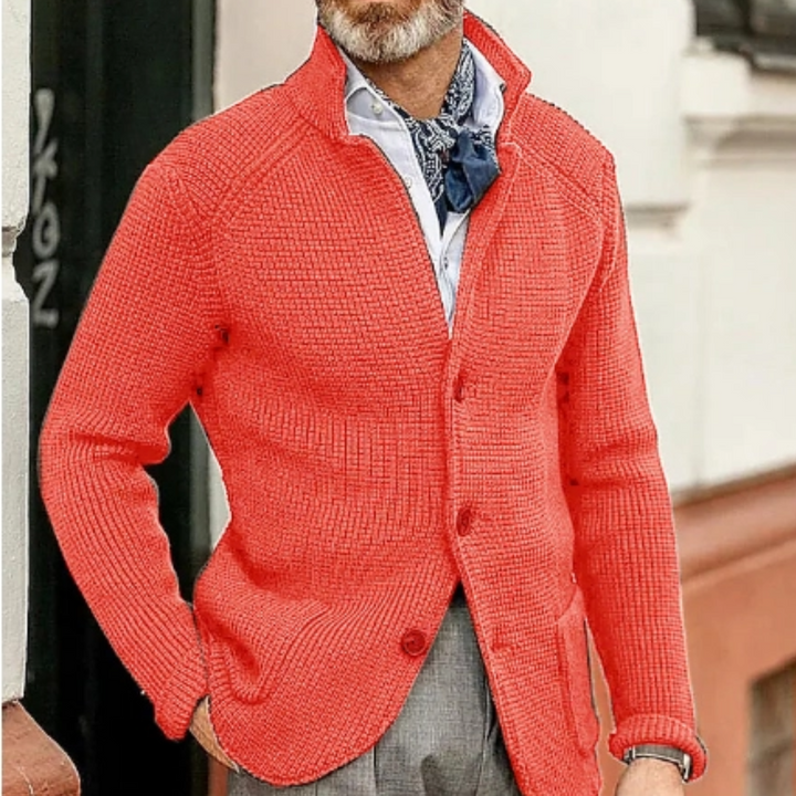 Elegante Herren-Strickjacke mit Knopfleiste, warm und vielseitig, ideal für kalte Tage. Perfekt für verschiedene Anlässe.