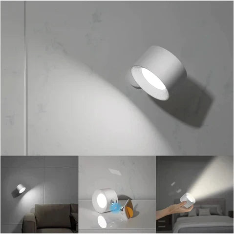 "Elegante kabellose Wandleuchte, schwarz, seitliche Ansicht, dimmbare LED mit 360° drehbarem Licht, flexibel positionierbar."