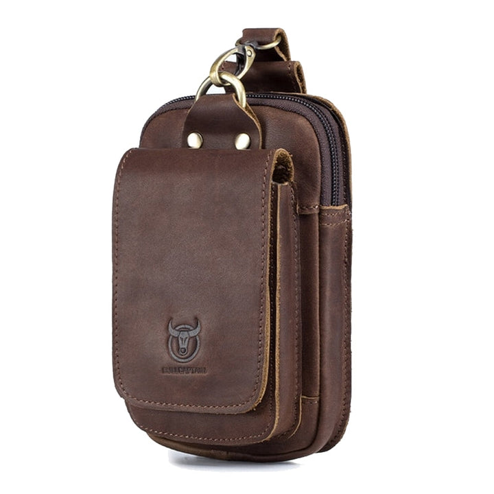 "Elegante Ledergürteltasche, passt für 7-Zoll Smartphones, aus robustem braunem Rindsleder mit Gürtelbefestigung."