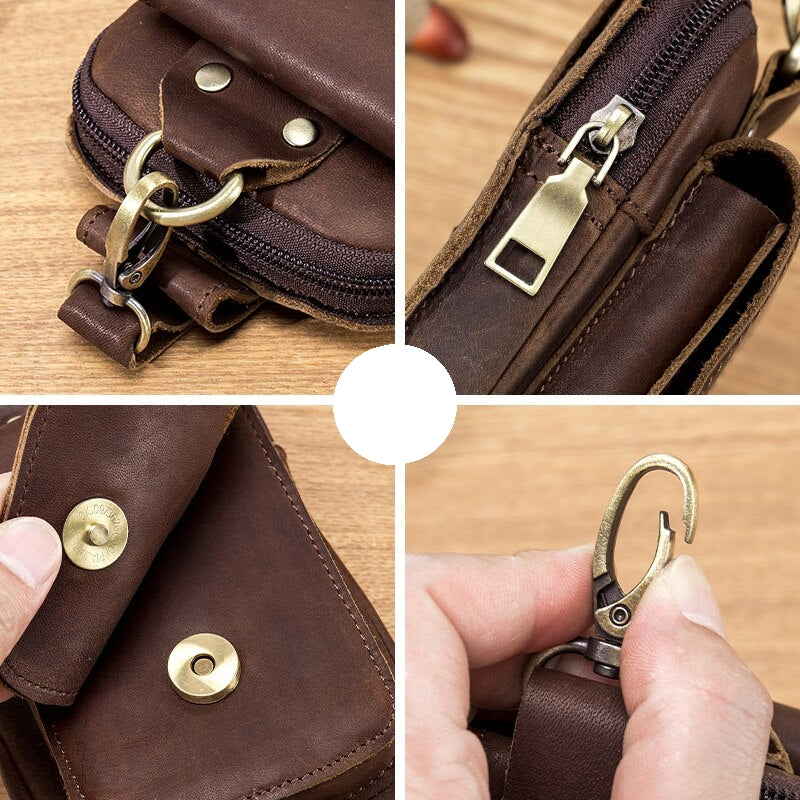 "Elegante Ledergürteltasche, passt für 7-Zoll Smartphones, aus robustem braunem Rindsleder mit Gürtelbefestigung."