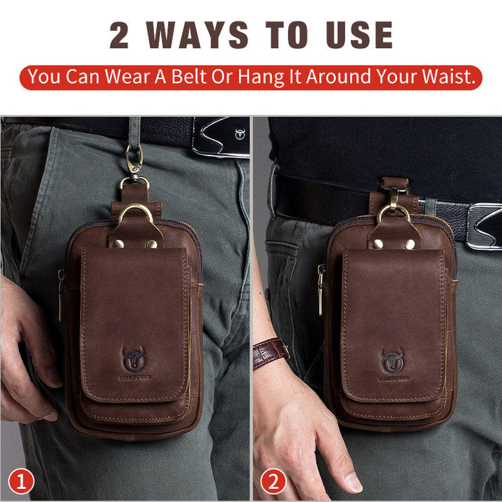 "Elegante Ledergürteltasche, passt für 7-Zoll Smartphones, aus robustem braunem Rindsleder mit Gürtelbefestigung."