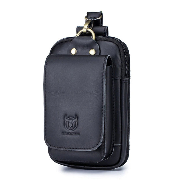 "Elegante Ledergürteltasche, passt für 7-Zoll Smartphones, aus robustem braunem Rindsleder mit Gürtelbefestigung."