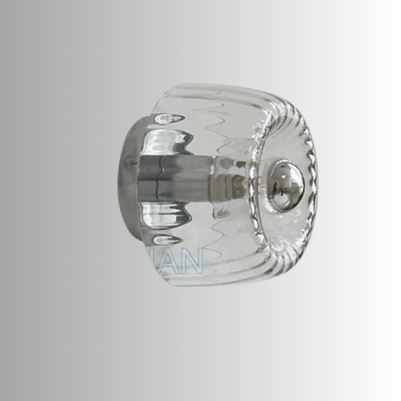 "Elegante Nordic Glow Bauhaus-Wandlampe aus Glas und Metall, skandinavisches Design, Seitenansicht, für stilvolle Beleuchtung