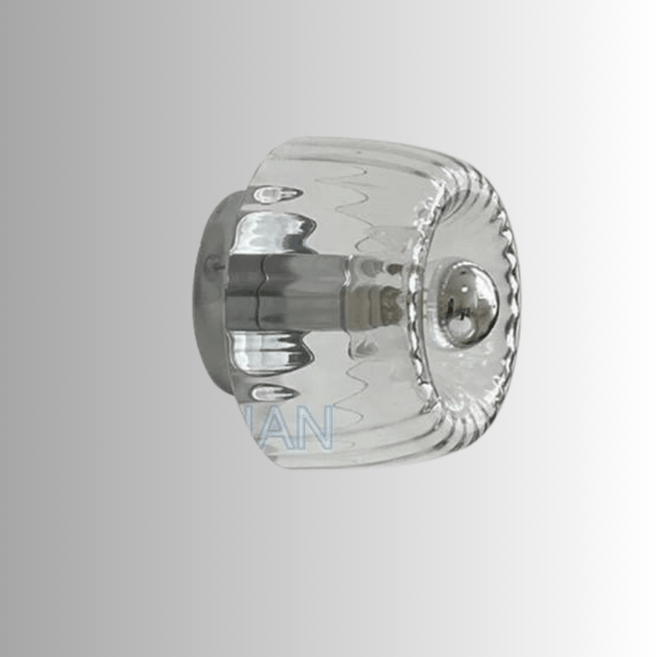 "Elegante Nordic Glow Bauhaus-Wandlampe aus Glas und Metall, skandinavisches Design, Seitenansicht, für stilvolle Beleuchtung