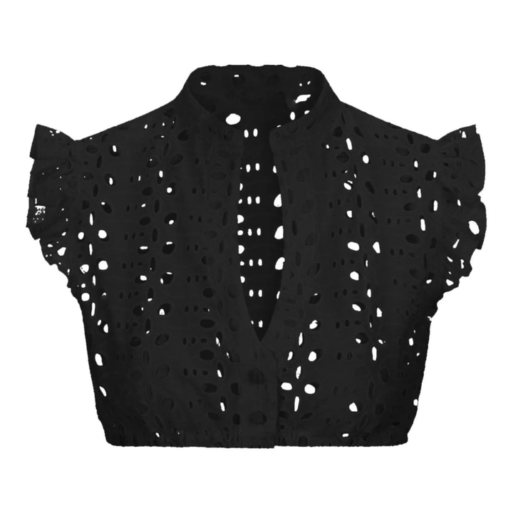 "Elegante schwarze Dirndlbluse für Damen mit Mandarin-Ausschnitt, kombiniert traditionell und modern für vielseitige Styles."