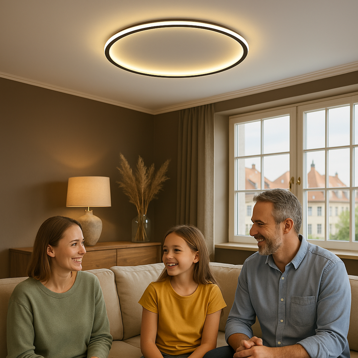 Elegante skandinavische LED-Deckenleuchte, dimmbar, rund, in modernem Esszimmer, warmweißes Licht, 40 cm Durchmesser.