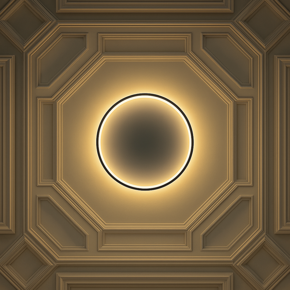 Elegante skandinavische LED-Deckenleuchte, dimmbar, rund, in modernem Esszimmer, warmweißes Licht, 40 cm Durchmesser.