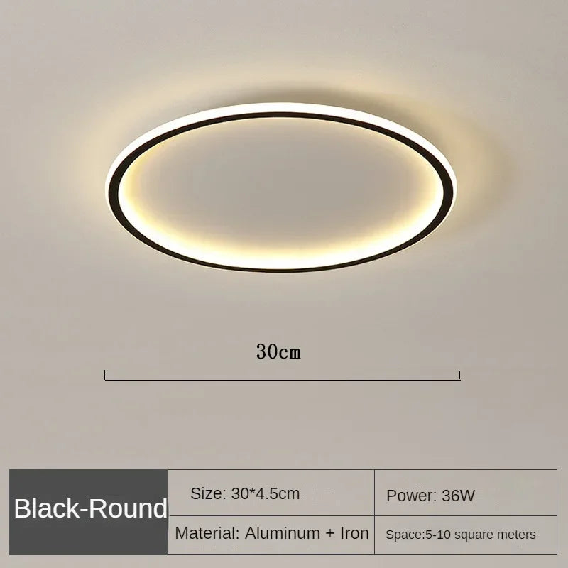 Elegante skandinavische LED-Deckenleuchte, dimmbar, rund, in modernem Esszimmer, warmweißes Licht, 40 cm Durchmesser.