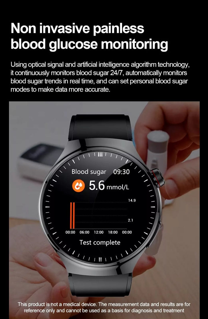 "Elegante Smartwatch mit Glukoseüberwachung und Fitnessfunktionen, stilvolles Design, ideal für Gesundheitsoptimierung"