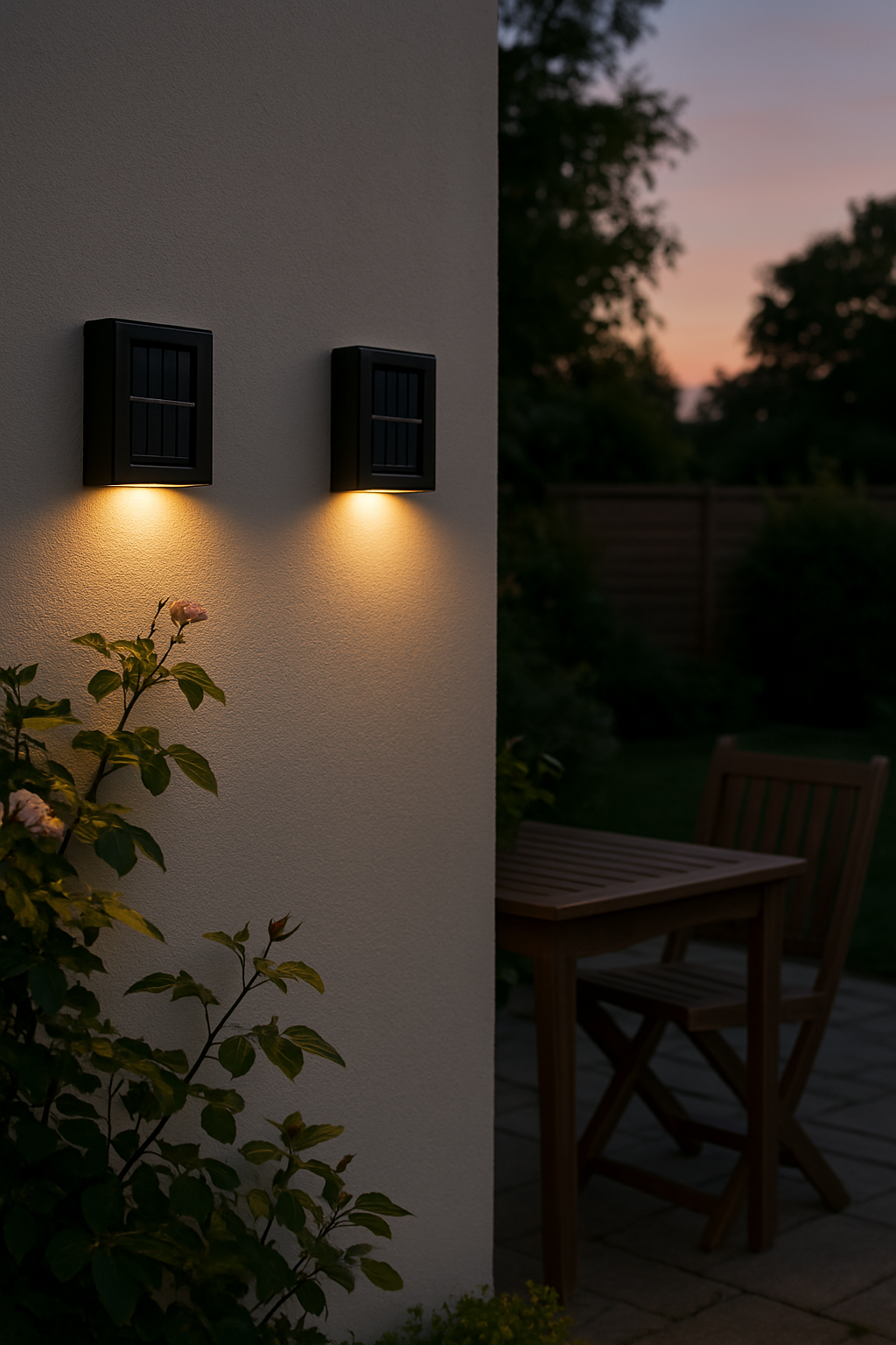 "Elegante Solar-LED-Wandlampe mit warmweißem Licht, wetterfest, solarbetrieben, ideal für Terrasse und Gartenbeleuchtung."