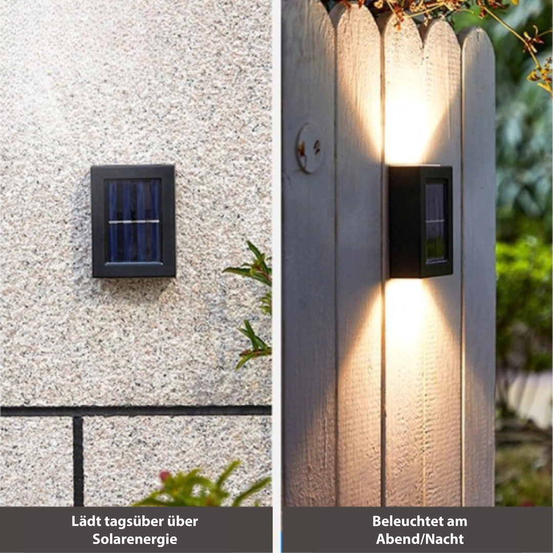 "Elegante Solar-LED-Wandlampe mit warmweißem Licht, wetterfest, solarbetrieben, ideal für Terrasse und Gartenbeleuchtung."