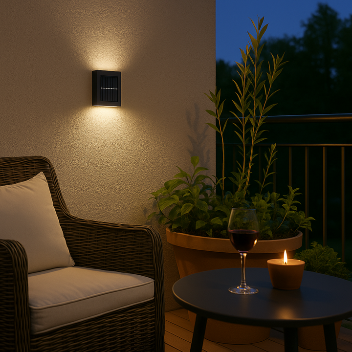 "Elegante Solar-LED-Wandlampe mit warmweißem Licht, wetterfest, solarbetrieben, ideal für Terrasse und Gartenbeleuchtung."