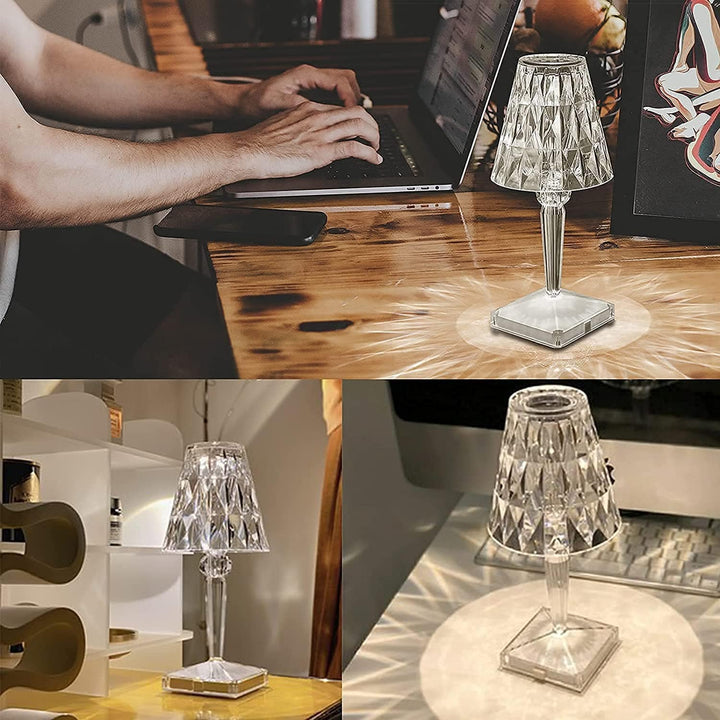 "Elegante, wiederaufladbare LED-Tischlampe mit funkelndem Diamantdesign und vielseitigen Lichtoptionen."
