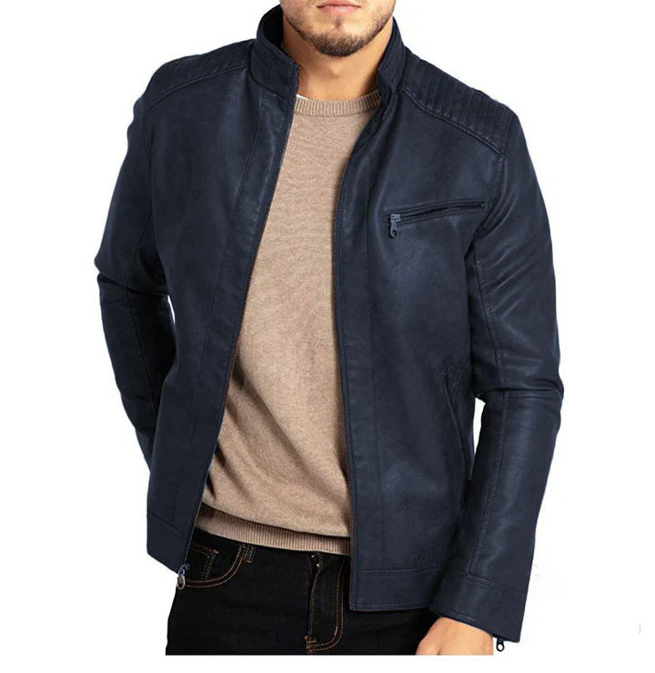 "Elegante winddichte Herren Lederjacke in Blau mit zeitlosem Design, ideal für stilvollen Schutz vor Wind bei allen Anlässen.